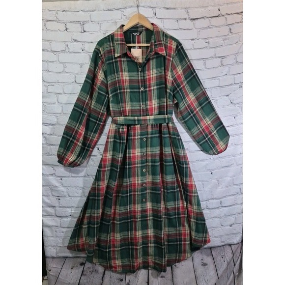BloomChic Tops - BloomChic Green Red Plaid Flannel‎ Button Front Shirt Dress Plus Sz 18-20 New